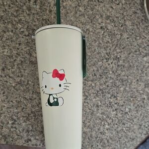 Starbucks Cream Tumbler with Red Bow and Green Straw